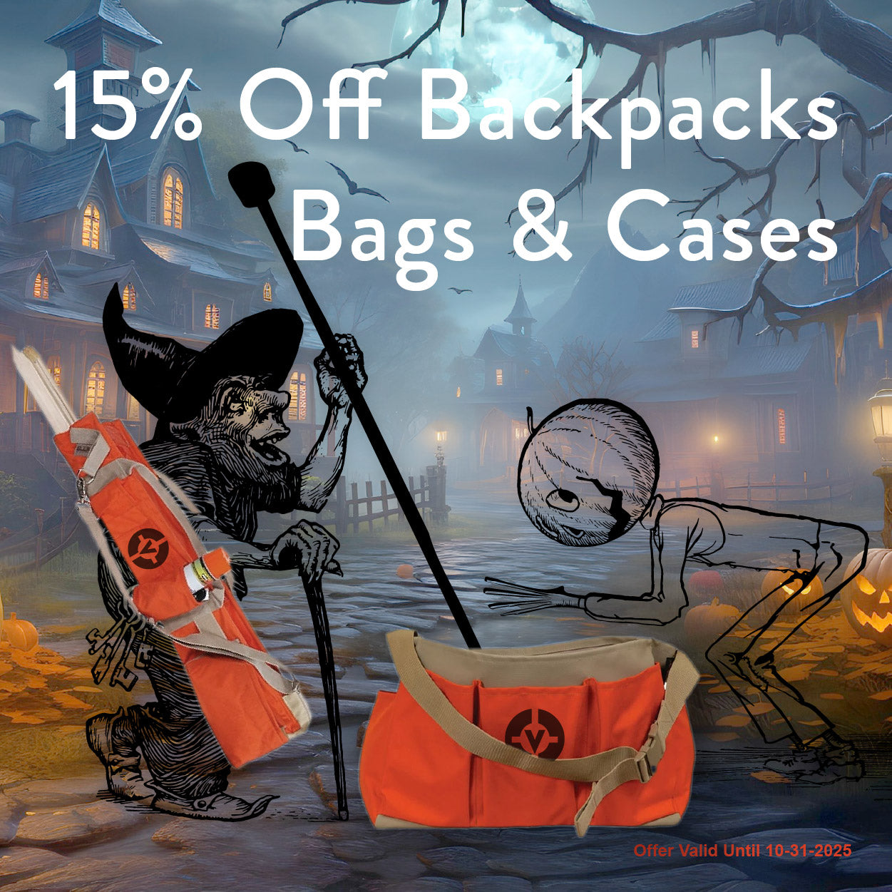 Halloween-themed promotional graphic with backpacks and bags and storage products.