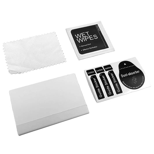 Cleaning kit with wet wipes, cloth, and stickers on a white background