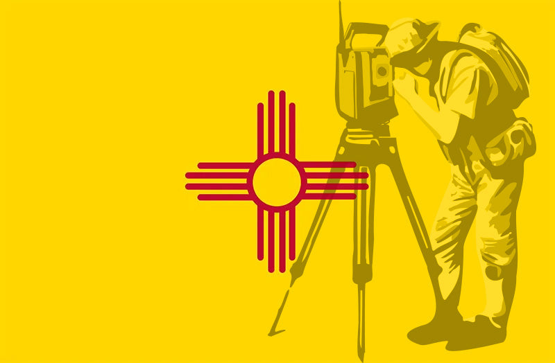 New Mexico flag with land surveyor looking through total station