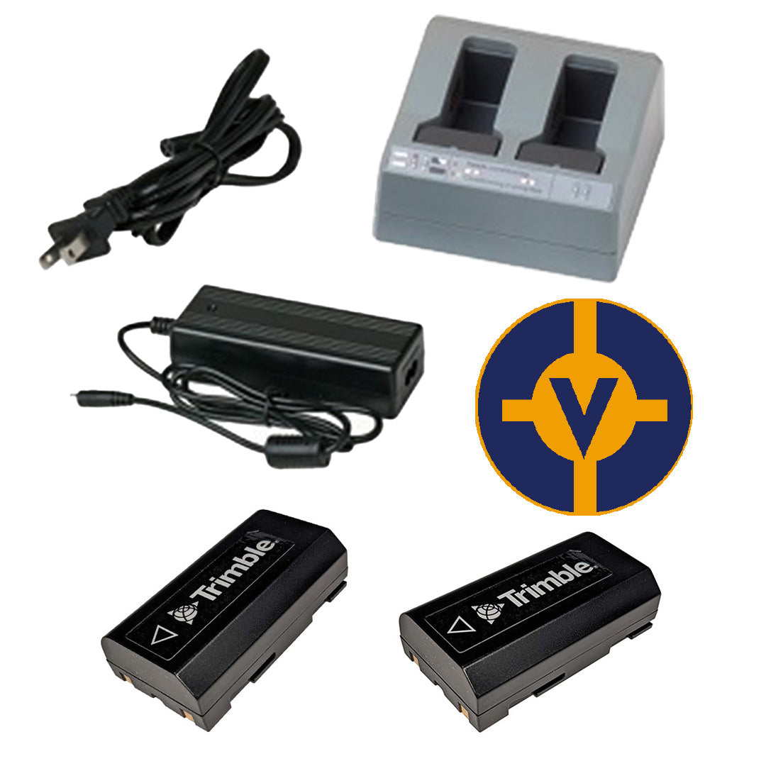 2 GNSS Receiver Batteries, Battery Charger, and Power Cables alongside Vectors Logo