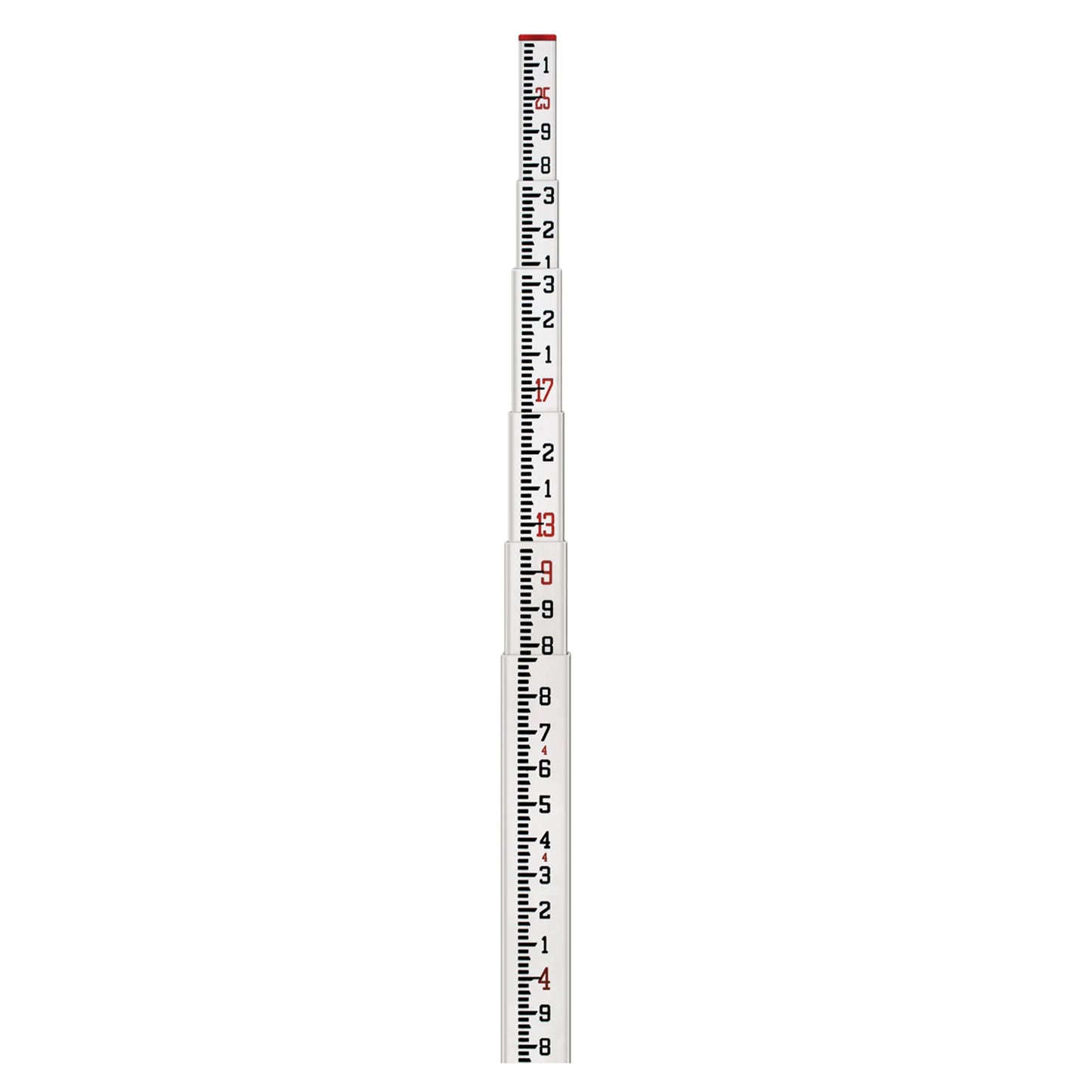 Tall leveling rod with 10ths graduations on a white background