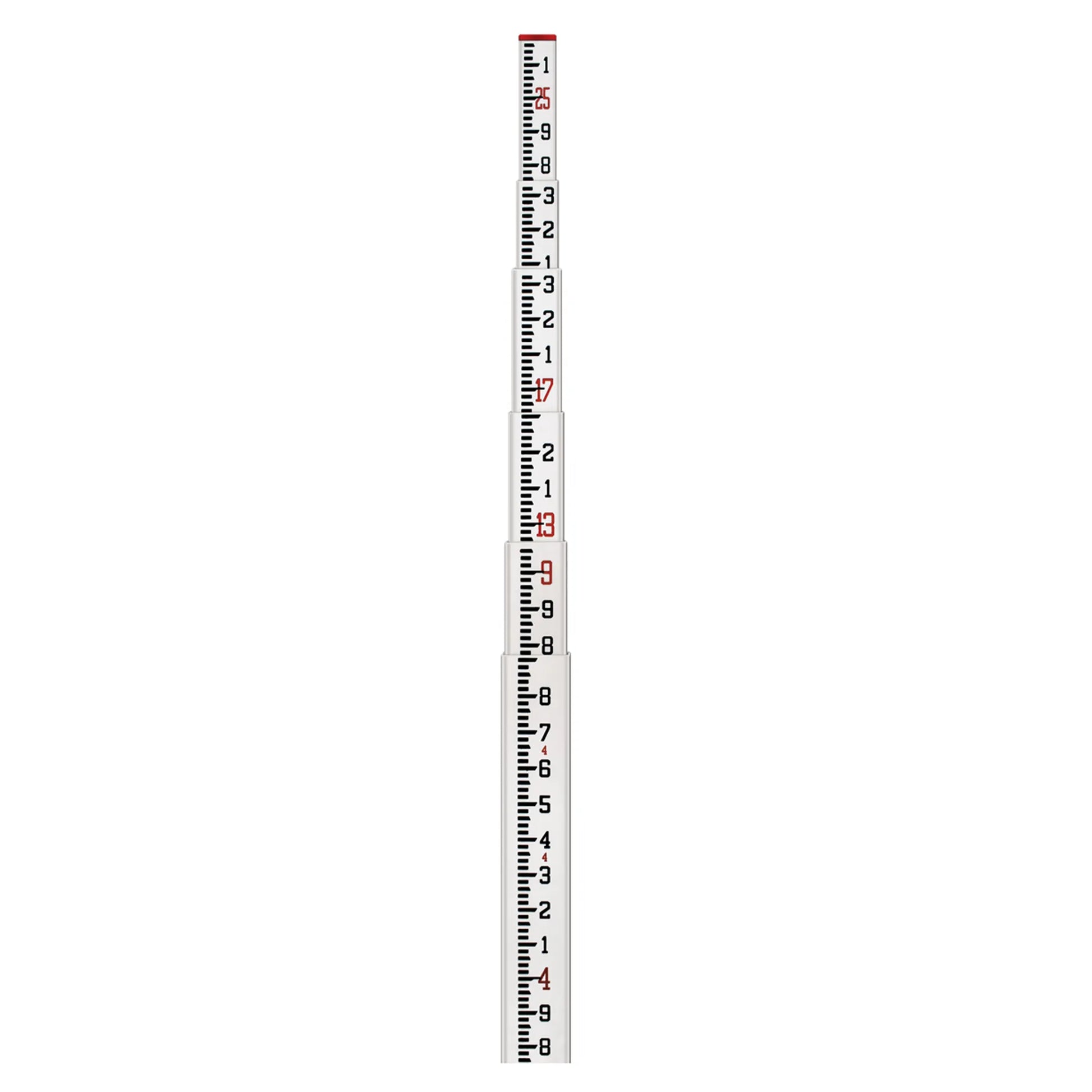 Tall leveling rod with 10ths graduations on a white background