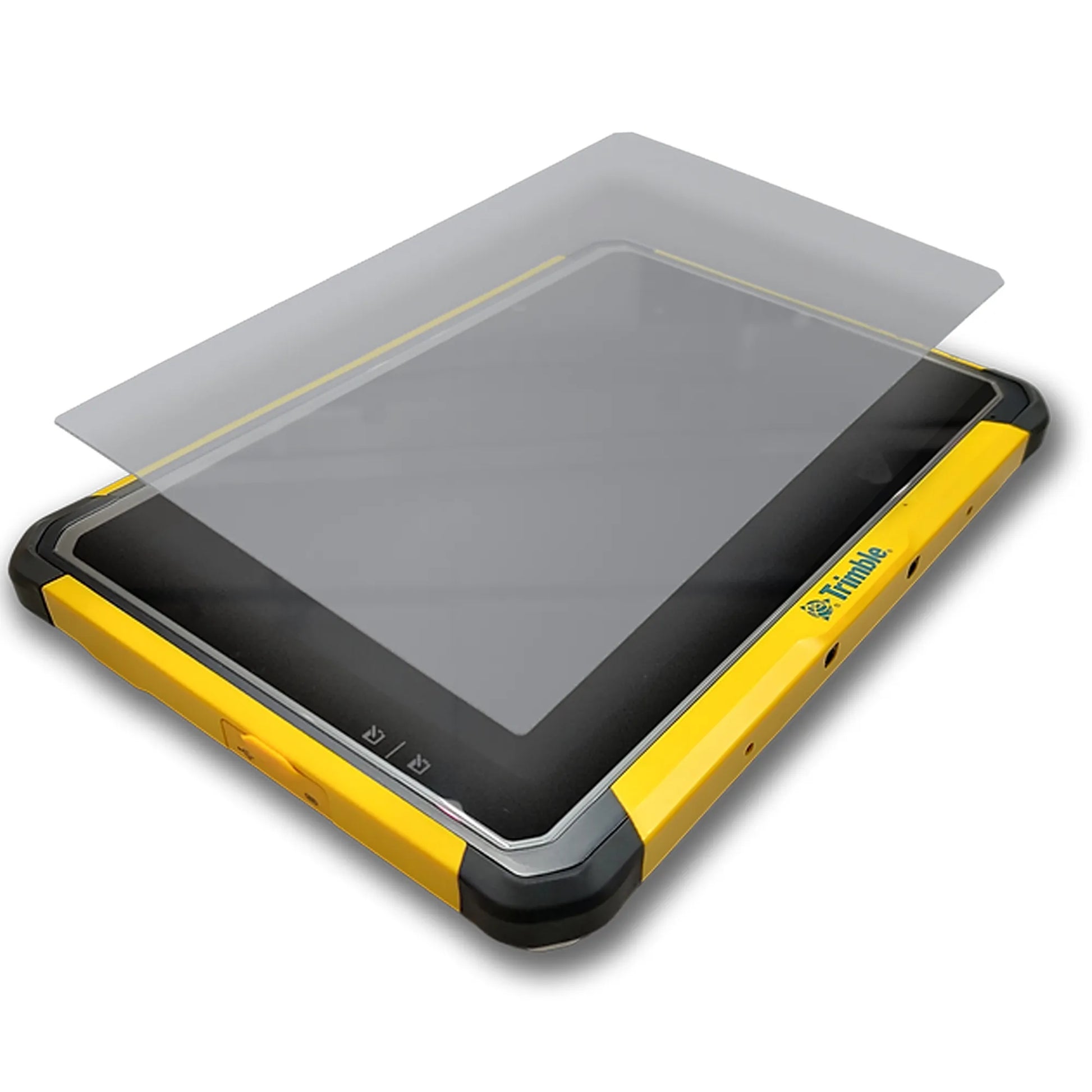 Yellow and black rugged tablet with a screen protector on a white background