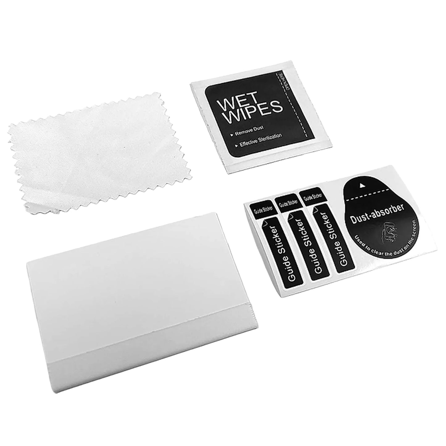 Cleaning kit with wet wipes, cloth, and stickers on a white background