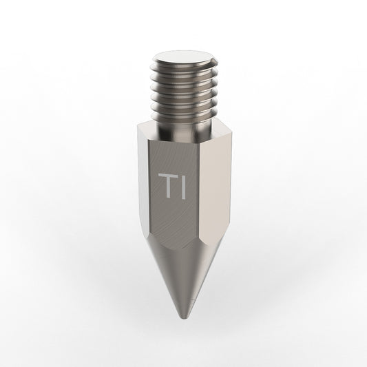 Aircraft-grade titanium GPS rod tip designed to prevent wear and maintain survey accuracy