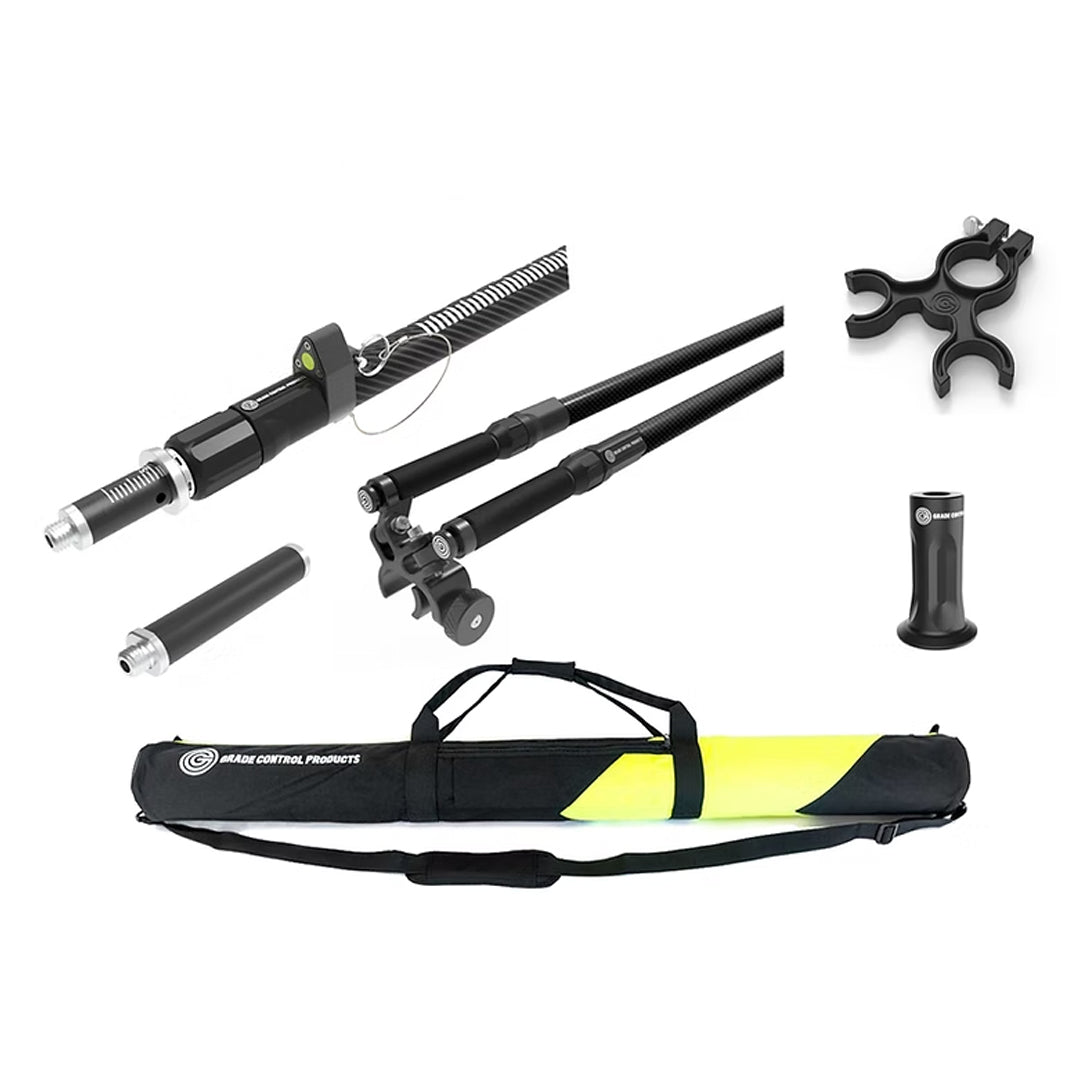 Complete carbon fiber total station surveying kit with telescopic rod, bipod, and carry bag