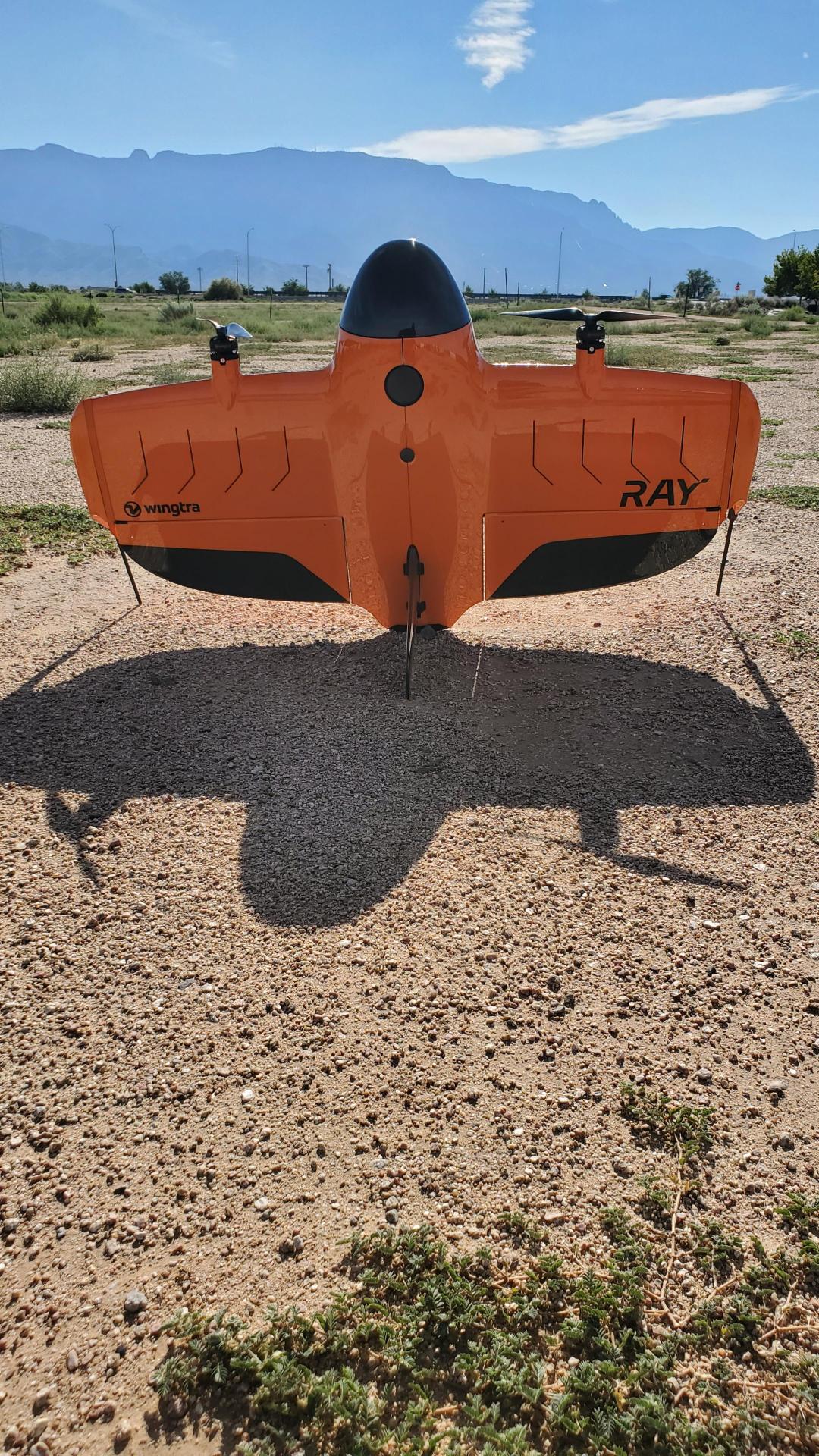 Orange and black aircraft with 'Ray' branding on a desert landscape