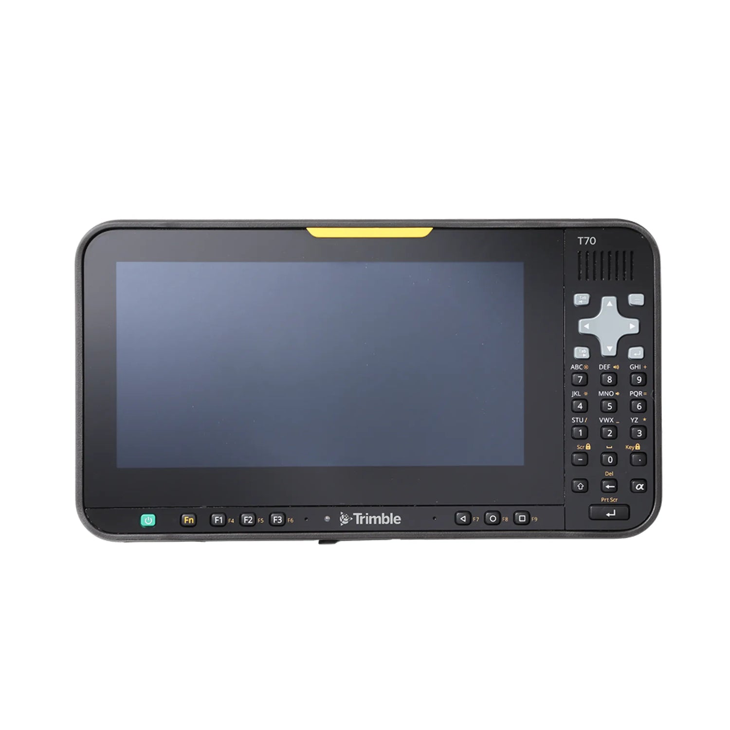 A Trimble T70 handheld tablet data collector with a black bezel, a large dark screen, and a built-in numeric keypad on the right side, shown against a plain white background.