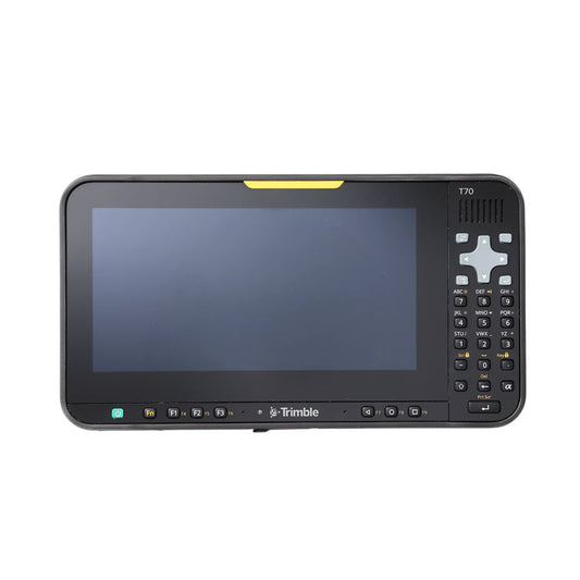 A Trimble T70 handheld tablet data collector with a black bezel, a large dark screen, and a built-in numeric keypad on the right side, shown against a plain white background.