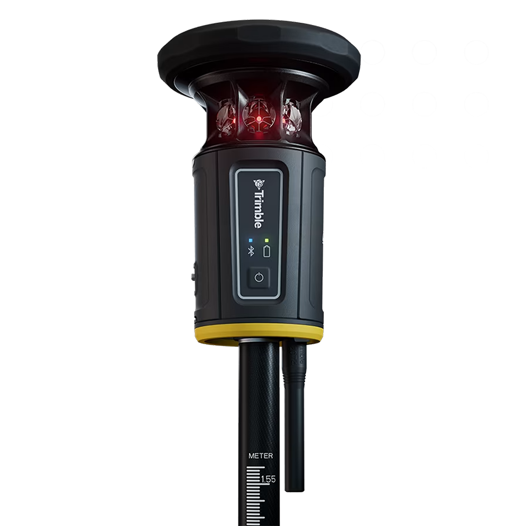 An electronic prism measuring device with a black body, yellow accent band, and red illuminated lens near the top, shown on a white background.