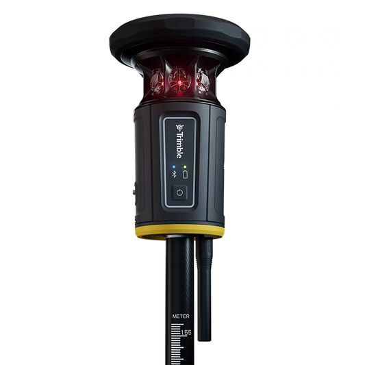 An electronic prism measuring device with a black body, yellow accent band, and red illuminated lens near the top, shown on a white background.